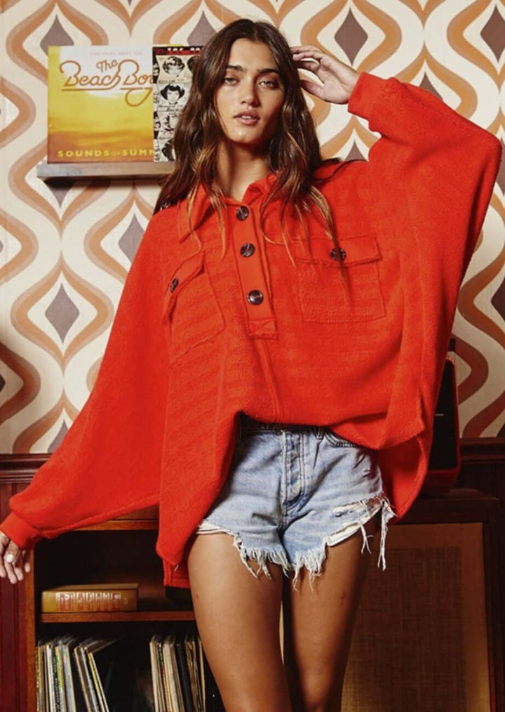 Bucket List Clothing Style# T1578 | Bright Red Ladies French Terry Cotton Pullover Henley with Wide Collar & Large Pockets | Made in USA | Classy Cozy Cool Women's Made in America Boutique
