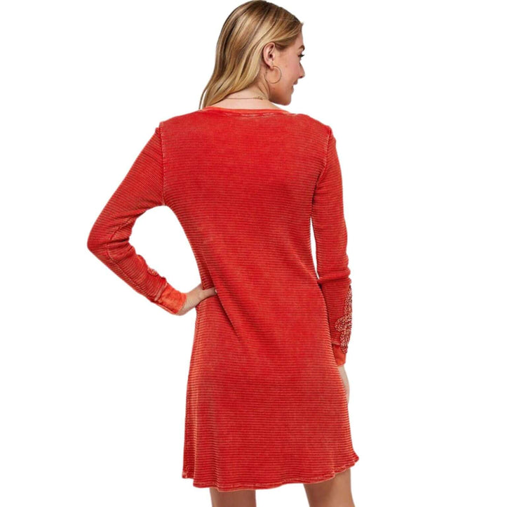 USA Made Ladies Vintage Textured Thermal Crochet Cuff Long Sleeve Cotton Blend Mini Dress in Tomato Red | Classy Cozy Cool Women's Made in America Clothing Boutique