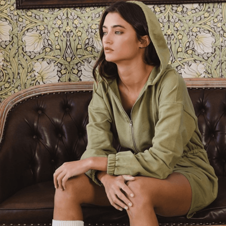 Made in USA Bucket List Clothing Style R5406 Women's Cotton Long Sleeve Drawstring Hoodie Half Zip Romper in Light Army Green | Classy Cozy Cool Made in America Boutique
