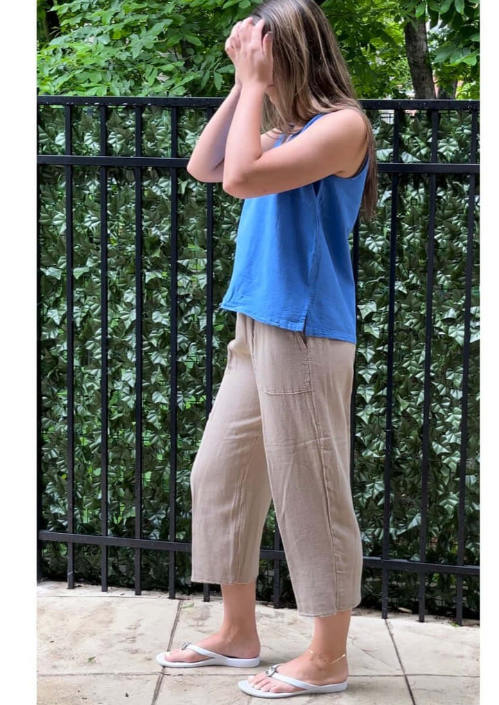 Ladies 100% Cotton Relaxed Fit Cropped Elastic Waist Tan Casual Pants | Made in USA | Classy Cozy Cool Women's Made in America Boutique