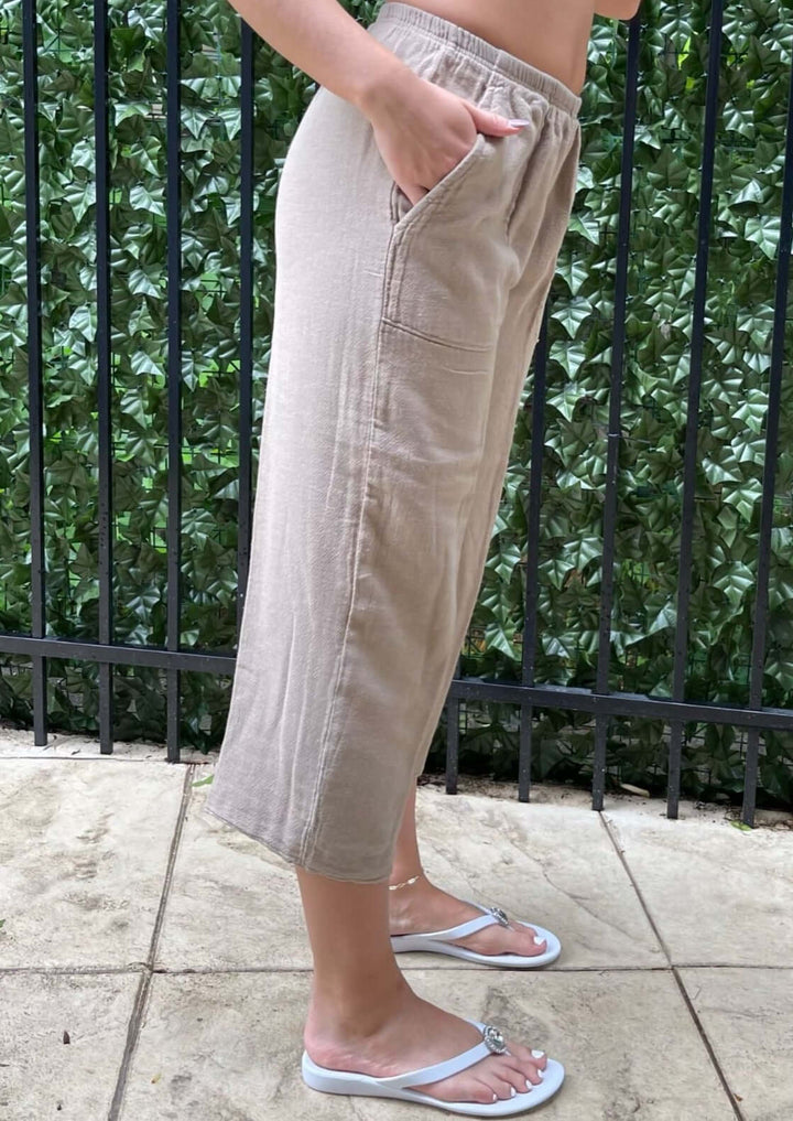 Ladies 100% Cotton Relaxed Fit Cropped Elastic Waist Tan Casual Pants | Made in USA | Classy Cozy Cool Women's Made in America Boutique