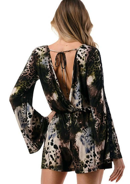 Made in USA Women's Mixed Print V-Neck Romper Bell Sleeves Grommet Detail Sleeves Surplice Front & Tie in Back Deep V Back
