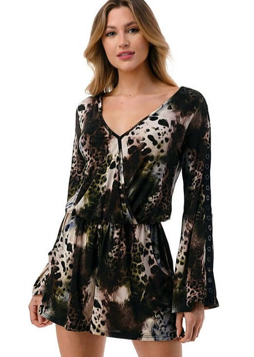 Made in USA Women's Mixed Print V-Neck Romper Bell Sleeves Grommet Detail Sleeves Surplice Front & Tie in Back Deep V Back