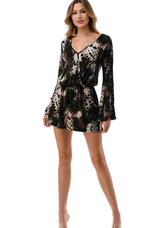 Made in USA Women's Mixed Print V-Neck Romper Bell Sleeves Grommet Detail Sleeves Surplice Front & Tie in Back Deep V Back