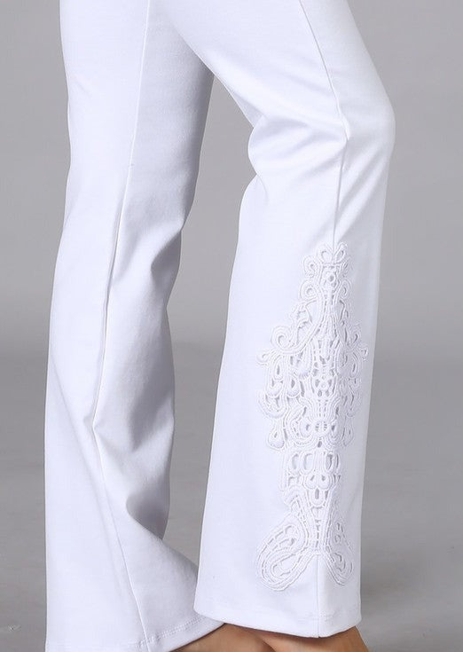 Chatoyant Mineral Washed Boot Cut Jeggings with Crochet Detail Hem Style# C30680 in White | Women's Fashion Clothing made in USA | Classy Cozy Cool Boutique