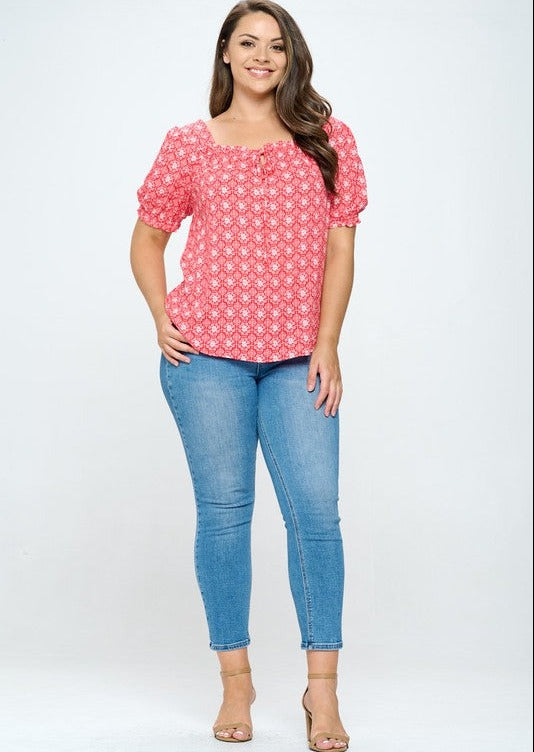 Made in USA Ladies Plus Size Red & White Floral Print Peasant Blouse with Tie Front Detail | Classy Cozy Cool Made in America Boutique