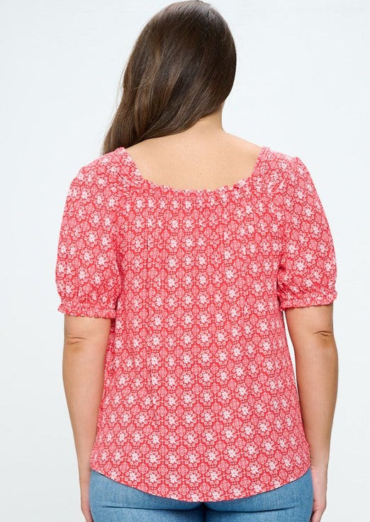 Made in USA Ladies Plus Size Red & White Floral Print Peasant Blouse with Tie Front Detail | Classy Cozy Cool Made in America Boutique