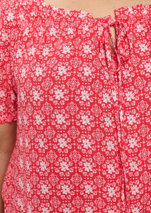 Made in USA Ladies Plus Size Red & White Floral Print Peasant Blouse with Tie Front Detail | Classy Cozy Cool Made in America Boutique