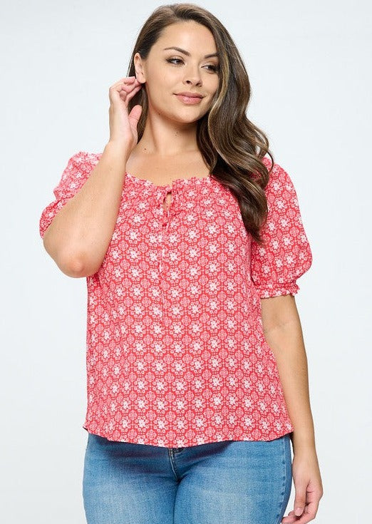 Made in USA Ladies Plus Size Red & White Floral Print Peasant Blouse with Tie Front Detail | Classy Cozy Cool Made in America Boutique