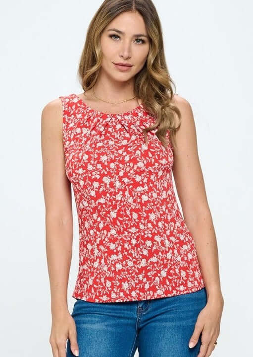 Made in USA Women's Red Floral Print Round Neck Sleeveless Top with Keyhole Closure | Classy Cozy Cool Made in America Boutique