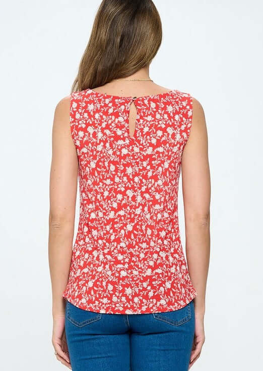 Made in USA Women's Red Floral Print Round Neck Sleeveless Top with Keyhole Closure | Classy Cozy Cool Made in America Boutique