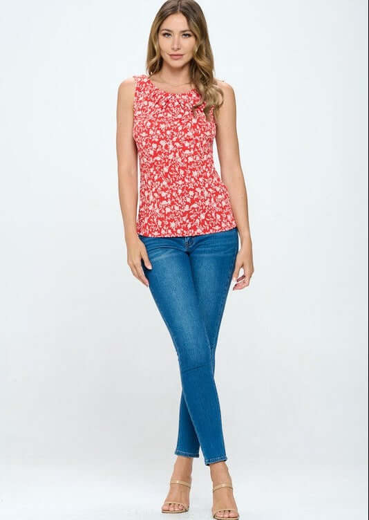 Made in USA Women's Red Floral Print Round Neck Sleeveless Top with Keyhole Closure | Classy Cozy Cool Made in America Boutique
