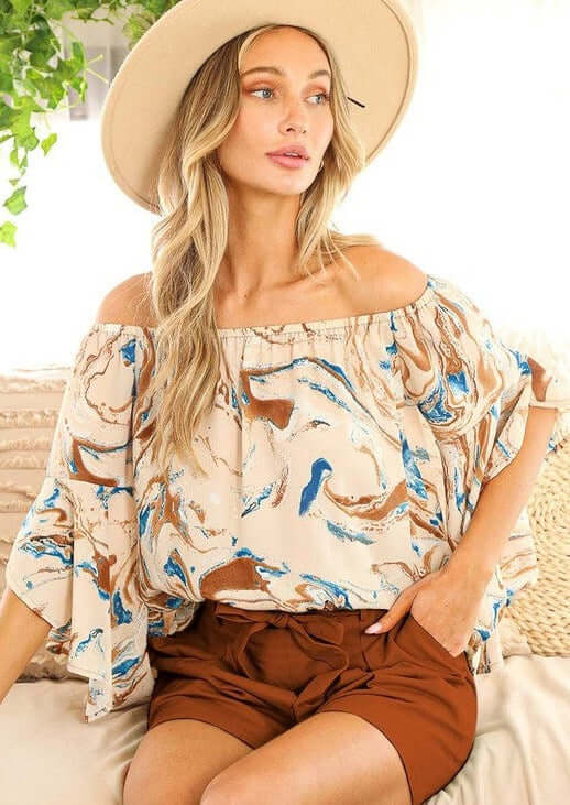 Ladies Light Tan Off Shoulder Tulip Sleeve Top with Elegant Marbled Print | Made in USA | Classy Cozy Cool Women's Made in America Boutique