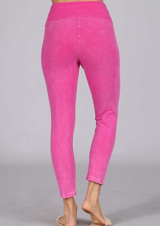 Made in USA Fuchsia Mineral Washed Pull On Capri Leggings Tummy control wide fold-over waistband | Classy Cozy Cool Women's American Boutique