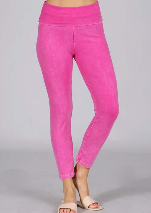 Made in USA Fuchsia Mineral Washed Pull On Capri Leggings Tummy control wide fold-over waistband | Classy Cozy Cool Women's American Boutique