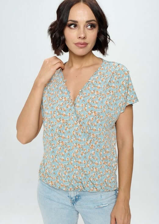 Made in USA Women's Feminine V-Neck Light Sage Floral Surplice Top | Classy Cozy Cool Made in America Boutique