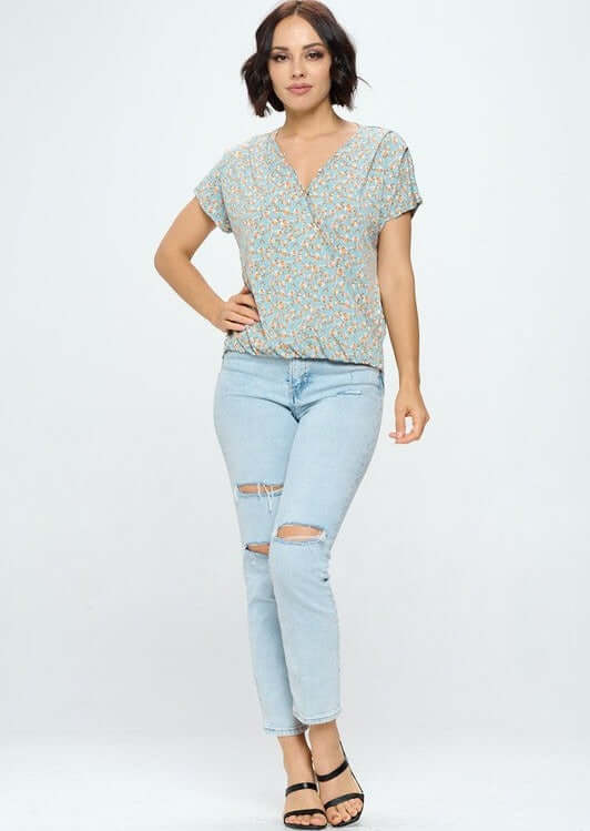 Made in USA Women's Feminine V-Neck Light Sage Floral Surplice Top | Classy Cozy Cool Made in America Boutique