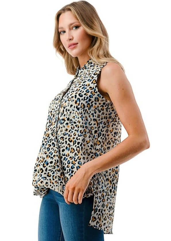 USA Made Women's Animal Print Textured Floral Surplice Top with Blue Accent Color | Classy Cozy Cool Made in America Boutique