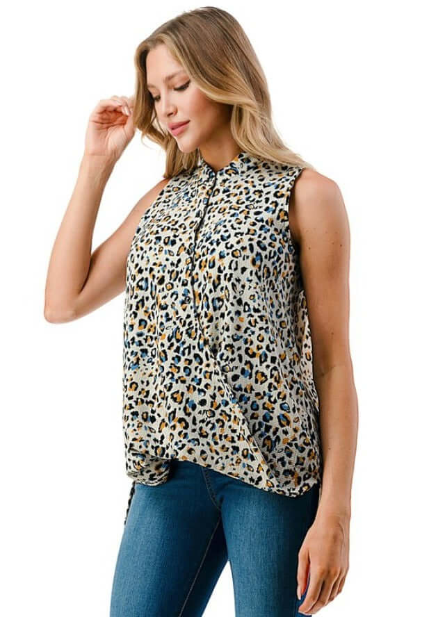USA Made Women's Animal Print Textured Floral Surplice Top with Blue Accent Color | Classy Cozy Cool Made in America Boutique