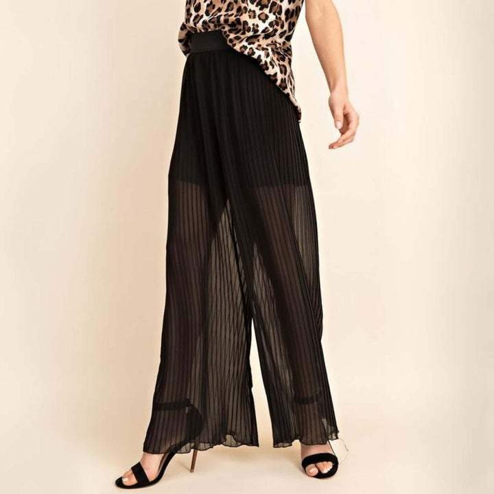 Made in USA Women's Bold & Beautiful Black Sheer Wide Leg Flowy Pleated Pants with Short Length Lining for Going Out & Dressy Events | Classy Cozy Cool Women's Made in America Boutique