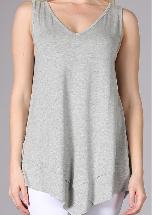 USA Made Ladies Light Heather Grey Sleeveless V-Neck Asymmetrical Top | Chatoyant Style C11307 | Classy Cozy Cool Women's American Made Boutique