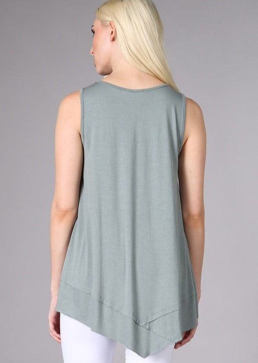 USA Made Ladies Light Sage Sleeveless V-Neck Asymmetrical Top | Chatoyant Style C11307 | Classy Cozy Cool Women's American Made Boutique