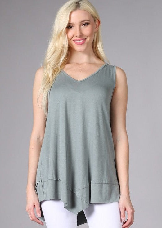 USA Made Ladies Light Sage Sleeveless V-Neck Asymmetrical Top | Chatoyant Style C11307 | Classy Cozy Cool Women's American Made Boutique
