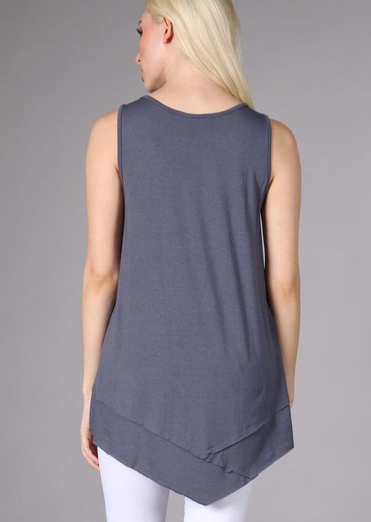 USA Made Ladies Slate Grey Sleeveless V-Neck Asymmetrical Top | Chatoyant Style C11307 | Classy Cozy Cool Women's American Made Boutique