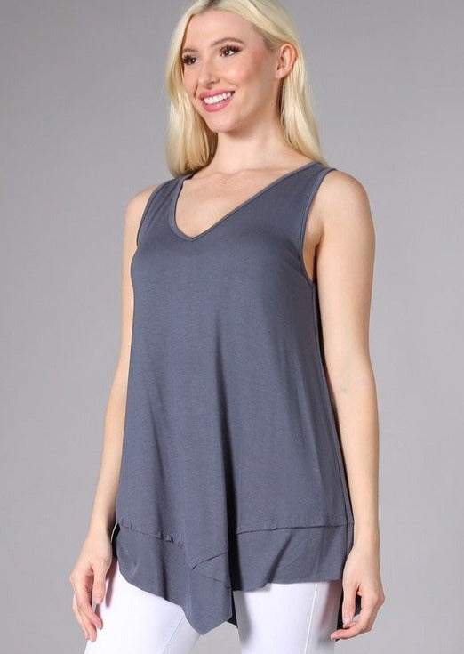 USA Made Ladies Slate Grey Sleeveless V-Neck Asymmetrical Top | Chatoyant Style C11307 | Classy Cozy Cool Women's American Made Boutique