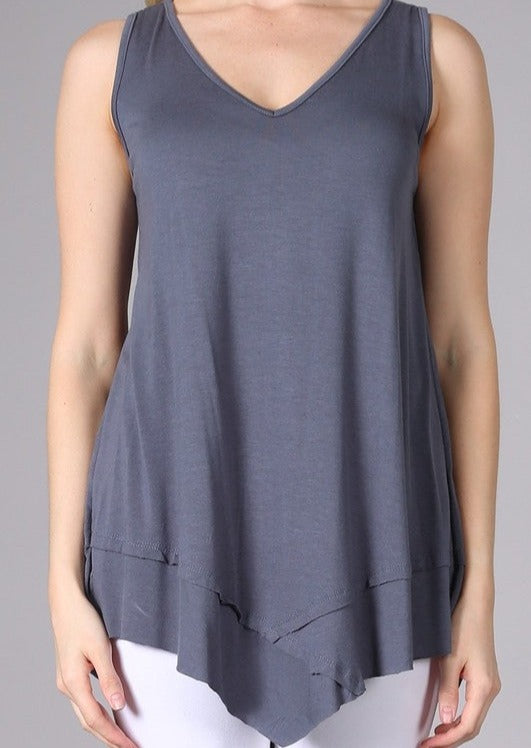 USA Made Ladies Slate Grey Sleeveless V-Neck Asymmetrical Top | Chatoyant Style C11307 | Classy Cozy Cool Women's American Made Boutique