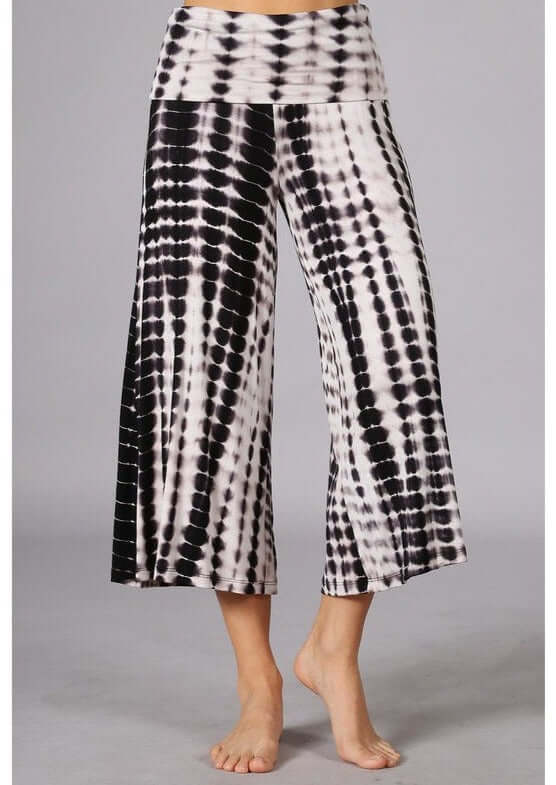 Ladies Plus Size Super Soft Black & White Dyed Fold Over Waist Gaucho Pants | Made in USA | Chatoyant Style# C30692 | Classy Cozy Cool Women's Made in America Boutique