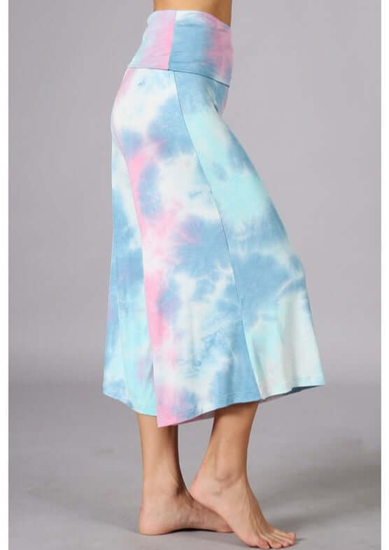 Ladies Super Soft Tie Dye Fold Over Waist Gaucho Pants | Made in USA | Chatoyant Style# C30692 | Classy Cozy Cool Women's Made in America Boutique