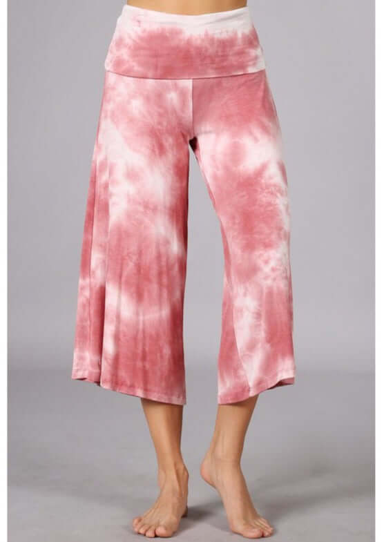 Reddish Pink Ladies Super Soft Tie Dye Fold Over Waist Gaucho Pants | Made in USA | Chatoyant Style# C30692 | Classy Cozy Cool Women's Made in America Boutique