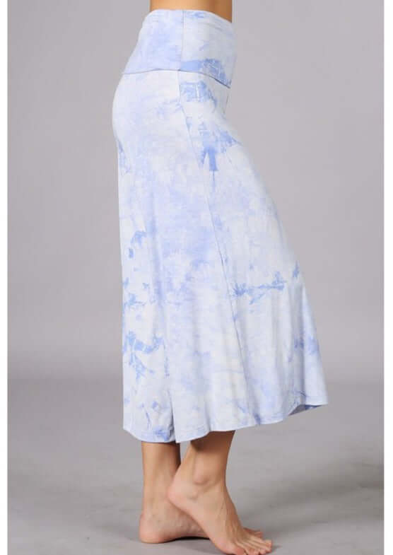 Electric Blue Ladies Super Soft Tie Dye Fold Over Waist Gaucho Pants | Made in USA | Chatoyant Style# C30692 | Classy Cozy Cool Women's Made in America Boutique