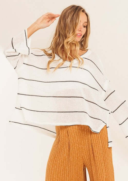 Made in USA Women's Ivory and Black Oversized V-Neck Loose Knit Striped Sweater Top Loose Knit Perfect Sprint Pullover Lightweight Very Soft Comfortable Material 