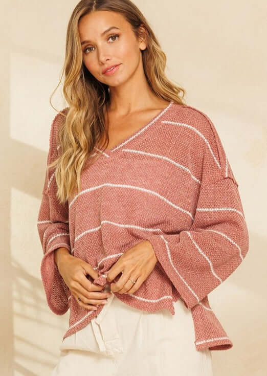 Made in USA Women's Oversized V-Neck Loose Knit Striped Sweater Top in Rust with White Stripes Loose Knit Perfect Sprint Pullover Lightweight Very Soft Comfortable Material