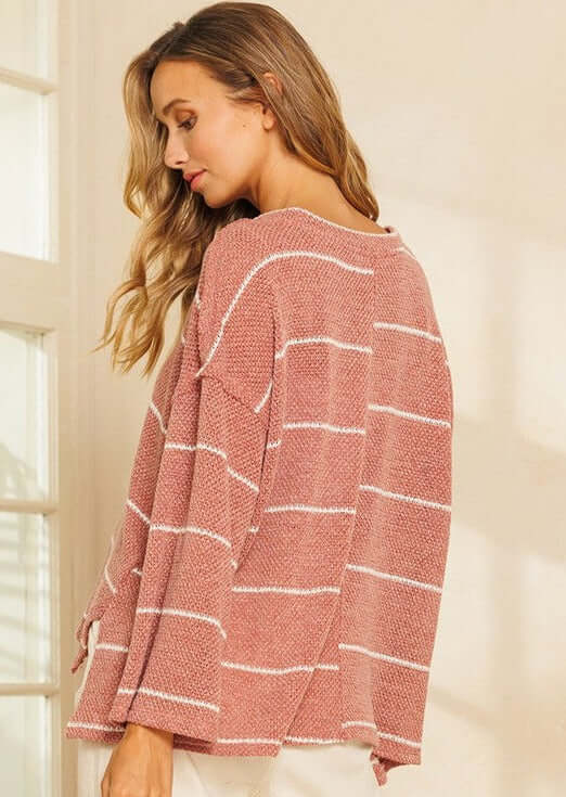 Made in USA Women's Oversized V-Neck Loose Knit Striped Sweater Top in Rust with White Stripes Loose Knit Perfect Sprint Pullover Lightweight Very Soft Comfortable Material