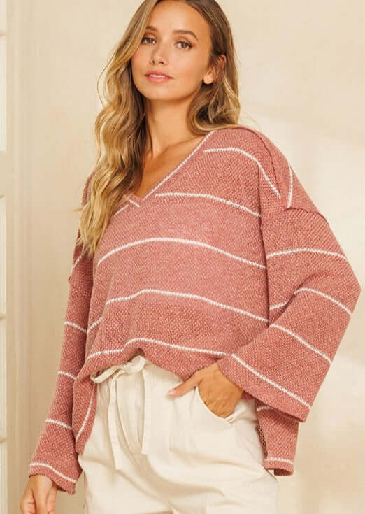 Made in USA Women's Oversized V-Neck Loose Knit Striped Sweater Top in Rust with White Stripes Loose Knit Perfect Sprint Pullover Lightweight Very Soft Comfortable Material