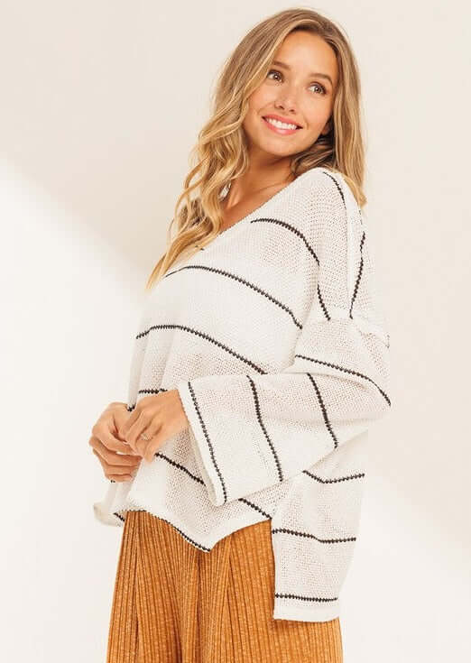 Made in USA Women's Ivory and Black Oversized V-Neck Loose Knit Striped Sweater Top Loose Knit Perfect Sprint Pullover Lightweight Very Soft Comfortable Material