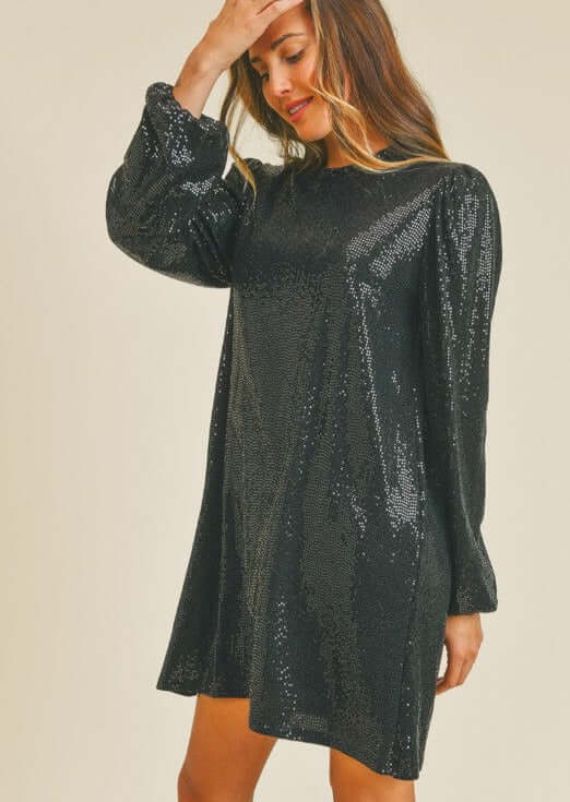 Woman's Glam Black Sequins Mini Dress for Holiday Party | Made in USA | Featuring shimmering sequins, long puff sleeves, and a figure-flattering cut