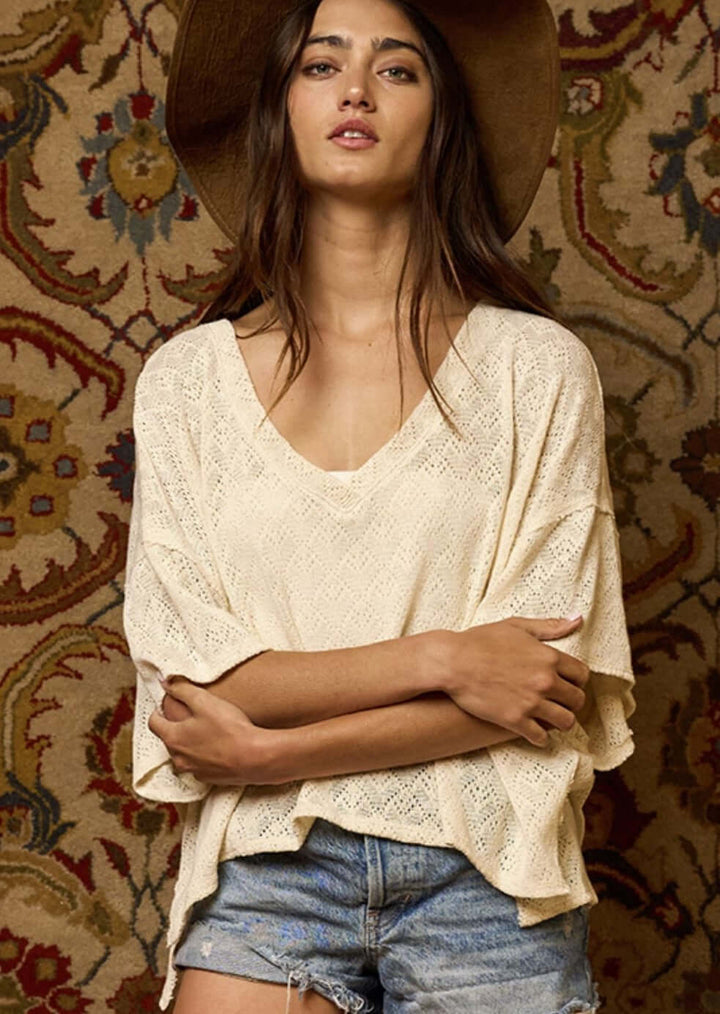 Bucket List Clothing Style# T1722 | Women's V-Neck Boxy Loose Knit Oversized Top Made in USA | Classy Cozy Cool Women's Made in America Clothing Boutique