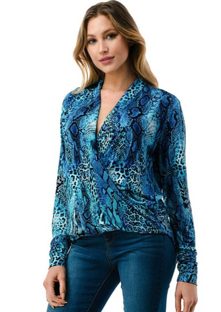 Ladies Made in USA Surplice Design V-Neck Top Vibrant Shades of Blue Long Sleeves Stretchy Jersey Material  Animal Print Detail | Made in America Boutique