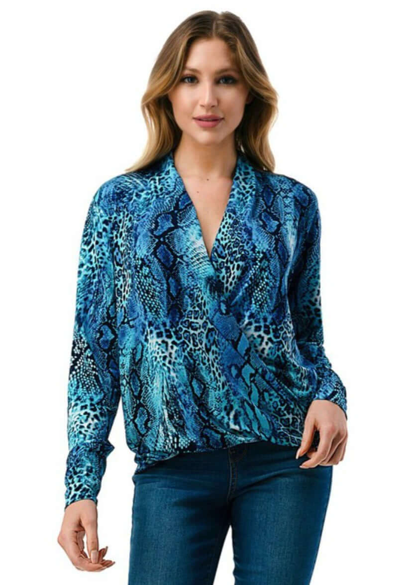 Ladies Made in USA Surplice Design V-Neck Top Vibrant Shades of Blue Long Sleeves Stretchy Jersey Material  Animal Print Detail | Made in America Boutique