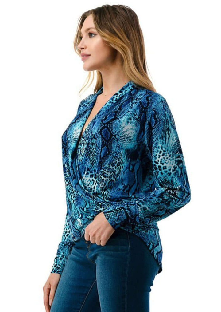 Ladies Made in USA Surplice Design V-Neck Top Vibrant Shades of Blue Long Sleeves Stretchy Jersey Material  Animal Print Detail | Made in America Boutique