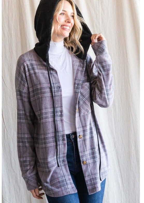 Women's Lightweight Casual Vintage Charcoal Plaid Drawstring Hoodie Button Down Shirt Jacket | Made in USA | Classy Cozy Cool Ladies Made in America Clothing Boutique