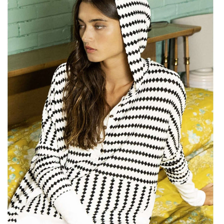 USA Made Women's Soft & Cozy Striped Yarn Dyed Knitted Oversized Hoodie with Kangaroo Pocket in Black & White | Bucket List Clothing Style T1756D