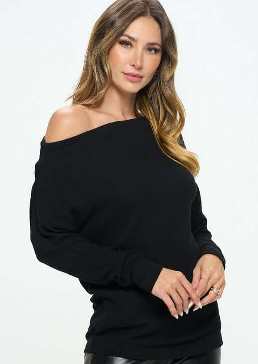 Women's Made in USA Relaxed Fit Super Soft Long Sleeve Cashmere Sweater Top in Black - Can be worn Off Shoulder or as Boat Neck | Renee C Style# 4097TP | Classy Cozy Cool Made in America Boutique