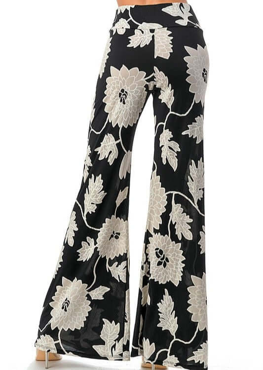 Made in USA Women's Black & White Floral Print Pants with  Flare Hem in Stretchy Material | Classy Cozy Cool Women's Made in America Boutique