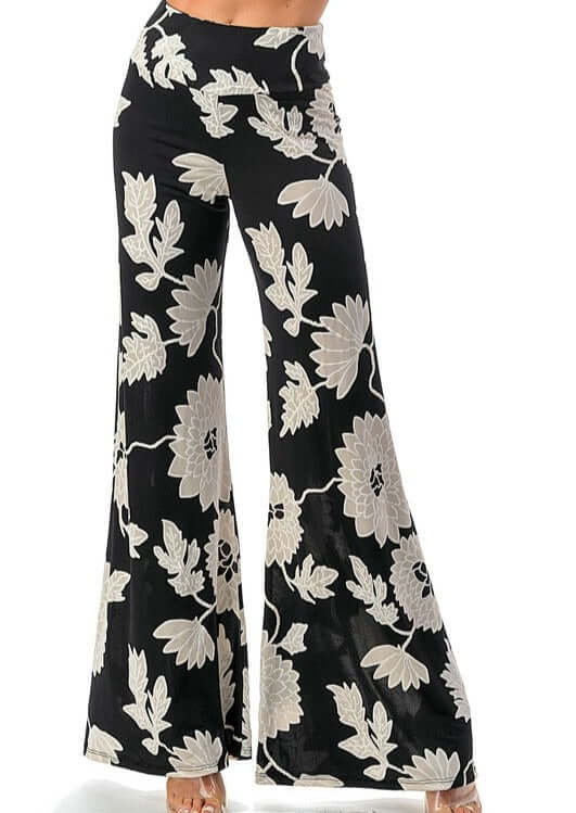 Made in USA Women's Black & White Floral Print Pants with  Flare Hem in Stretchy Material | Classy Cozy Cool Women's Made in America Boutique
