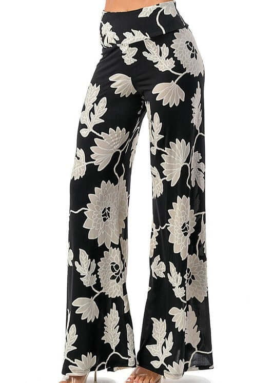 Made in USA Women's Black & White Floral Print Pants with  Flare Hem in Stretchy Material | Classy Cozy Cool Women's Made in America Boutique